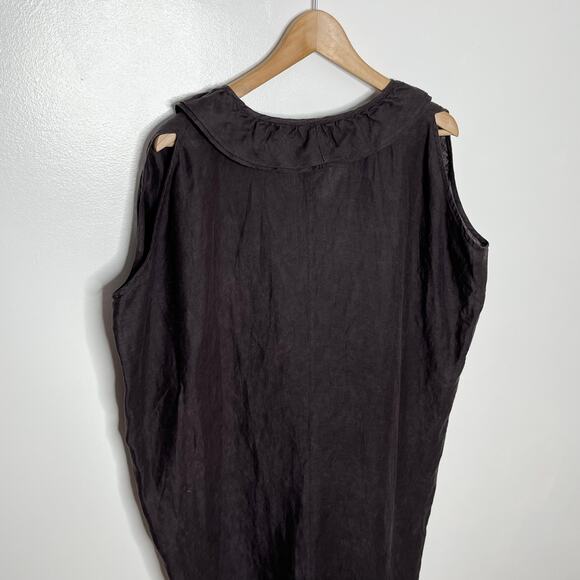 Garnet Hill Womens Sleeveless Linen Shift Dress S Brown V Neck Ruffle Oversized - Picture 6 of 9